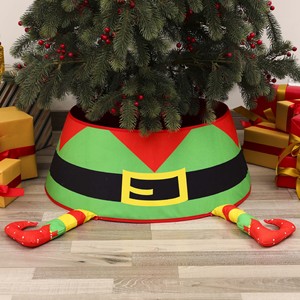 Falda de tela para árbol de Navidad YUELIAN al por mayor, 40*60*20cm, diseño ecológico de cinturón de Papá Noel y piernas de elfo para decoración navideña. - Product Image 3