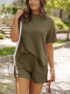 Conjunto de Dos Piezas para Mujer, Camiseta Holgada de Verano, Estilo Casual Vintage, Tejido Acanalado, y Pantalones Cortos Deportivos, Venta al Por Mayor - Product Image 5