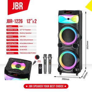 مكبر صوت خارجي قوي للحفلات JBR-1226 مع مقبض كبير، 60 واط، مكبرات صوت مزدوجة 12 بوصة، بطارية 12 فولت 5 أمبير قابلة لإعادة الشحن مع ميكروفونين لاسلكيين - Product Image 2