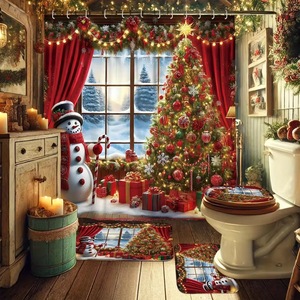 Cortina de Ducha de Poliéster con Diseño de Árbol de Navidad Rojo y Muñeco de Nieve, Impresión Digital Personalizada, Impermeable, Venta al Por Mayor, Moderna - Product Image 2