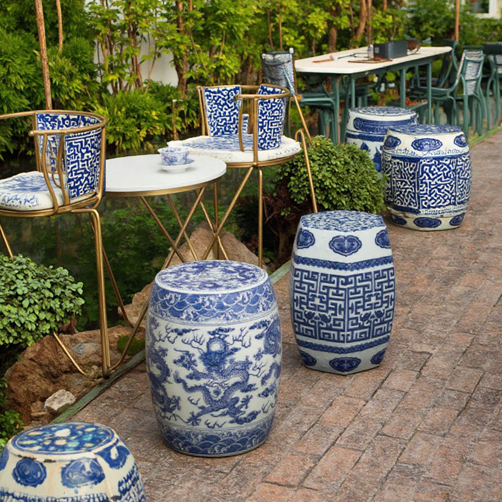 Blue Porcelain Stools Elegant Garden Bathroom Decor