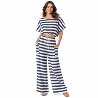 Ensemble haut court ample rayé en lin mélangé 160 GSM et pantalon palazzo large pour femme, style bohème côtier, OEM XS-5XL