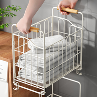 Panier de rangement pliable en acier au carbone pour vêtements sales, à double niveau, rectangulaire, chariot de salle de bain avec poignée en bois