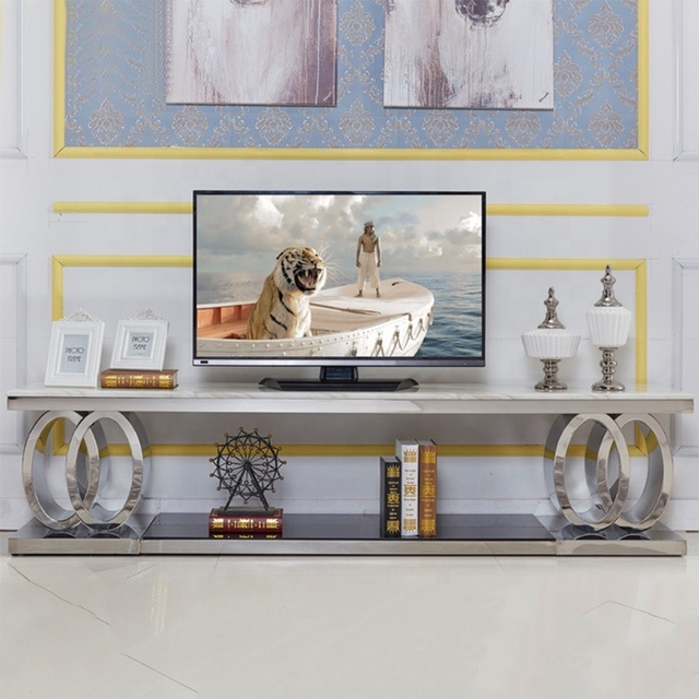 European Style Modern Marble Modern Corner Tv Stand Silver Stainless Steel Cabinet Tv Center Coffee Table Living Room Furniture