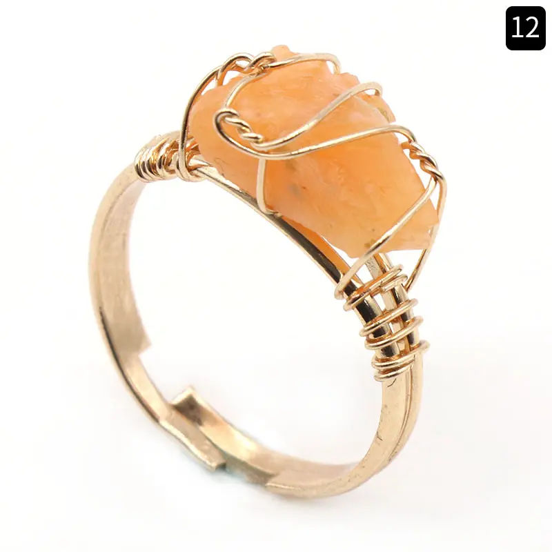 Anillo abierto de piedra en bruto de cristal Irregular Natural ajustable con diseño de envoltura de alambre para joyería de mujer anillo de Gema natural