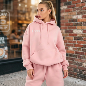 Conjunto Deportivo de Sudadera con Capucha Rosa para Mujer, Manga Larga, Color Sólido, Pantalones Jogger Casuales de Corte Holgado, Poliéster/Algodón 2 en 1 Estampado - Product Image 2