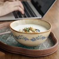 Bol en céramique et porcelaine rétro bleu à motif floral de 5,5 pouces, design irrégulier, pour riz, farine, café, thé – Écologique, Nouveau style chinois
