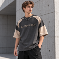 T-shirt personnalisé vintage délavé à blocs de couleur avec manches raglan pour homme, logo en relief, idéal pour les marques de streetwear et la vente en gros de vêtements