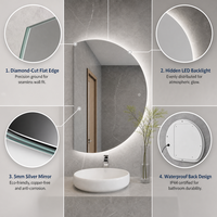 Miroir LED demi-rond de luxe pour salle de bain, avec interrupteur tactile 3 couleurs, sans cadre, résistant à l'eau, éclairage à intensité variable