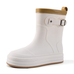 Bottes de pluie pour femmes, mi-mollet, semelle épaisse, imperméables, antidérapantes, talon plat en EVA, couleur unie blanc cassé - Product Image 5