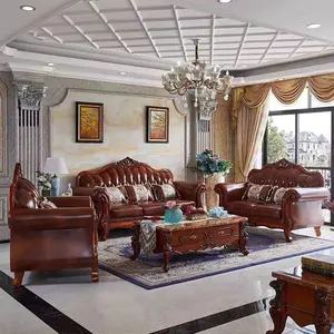Conjunto de sofá de couro de vaca luxuoso estilo europeu para sala de estar, quarto e corredor com base de madeira maciça, simples, elegante