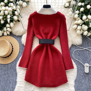 Abito Midi a collo alto autunnale <span class=keywords><strong>in</strong></span> <span class=keywords><strong>maglia</strong></span> sottile per donna abito <span class=keywords><strong>in</strong></span> pizzo Patchwork impero <span class=keywords><strong>rosso</strong></span> nero - Product Image 4