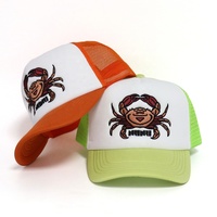 Casquettes Trucker 5 Panneaux en Maille Brodé Motif Crabe Personnalisé, en Mousse, Couleurs Vives, pour l'Été, Décontractées, Plage, Vacances, Quotidien, pour Hommes et Femmes