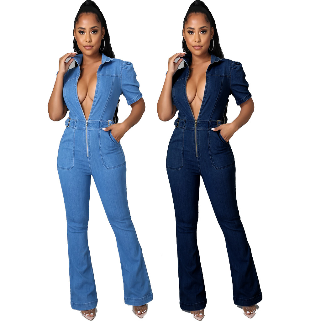 Mode Korte Mouw Rits Aan De Voorkant Met Riem Casual Rompertjes Uit Één Stuk Jumpsuit Vrouwen Denim Jumpsuits