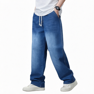 Jean ample gris délavé pour homme, coupe décontractée, taille mi-haute, en denim de coton - Product Image 5