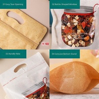 Pochette en papier kraft à fond plat avec fermeture éclair, poignée découpée et fenêtre transparente pour bocaux Mason, qualité alimentaire, idéale pour les produits de boulangerie, les cadeaux de fête et les friandises artisanales