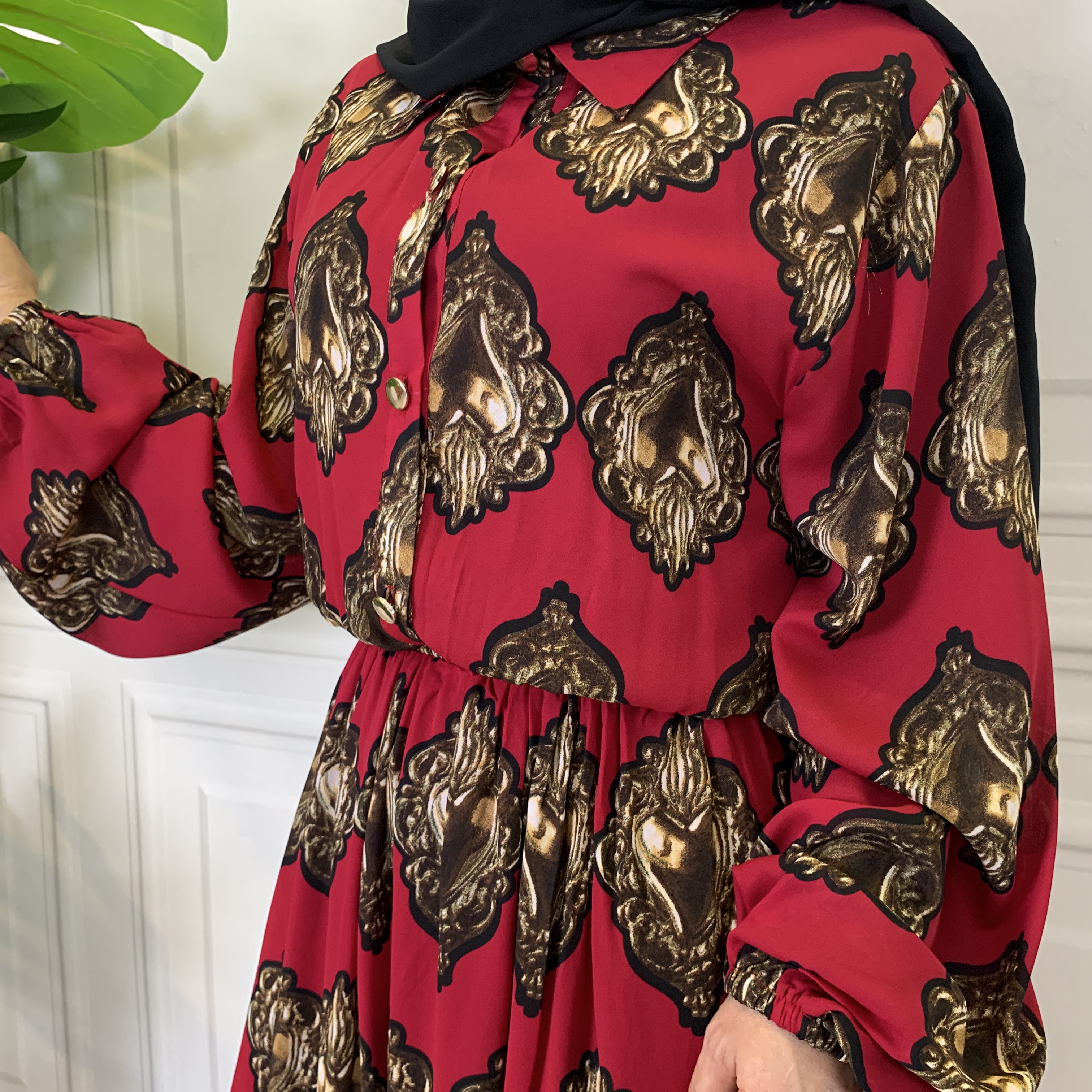 9063#Summer Long Sleeve Printed Red Fashion Chiffon Dresses - CHAOMENG MUSLIM SHOP