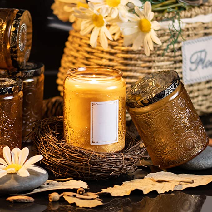 Amber Embossed Glass Candle Container with Lid and Labels, 8 oz - Pack of 9