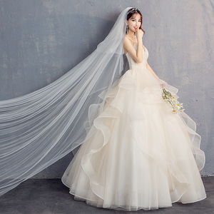 White V-Neck Ball Gown Wedding Dress Champagne Color Floor Length Formal Bridal Dress With Straps Natural Waistline - Product Image 3