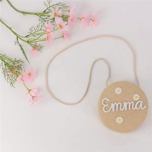 Custom Straw Weave Embroidered Name Flower Zipper Closure Crossbody <b>Bag</b> Interior Pocket Unlined Lining for Girls Travel Beach - Product Image 2
