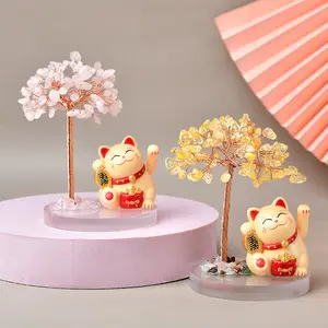 Lucky gato enfeite de árvore de cristal natural, árvore da vida, artesanato de cristal para decoração da casa