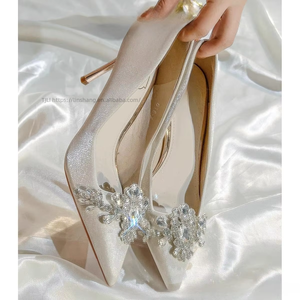 Factory Wholesale New Bridal Satin Wedding Shoes High Heels for Stiletto Women Genuine <b>Leather</b> Upper <b>Pumps</b> - Product Image 2