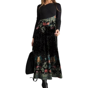 Nuovo Abito Lungo da Donna Autunno Inverno 2025 Eco-Friendly con Stampa Etnica Retrò, Scollo a V, Maniche Lunghe, Vestibilità Slim e Gonna a Trapezio - Product Image 1
