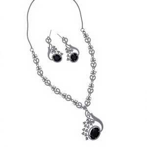 MIJ Luxury American Diamond Necklace Set with CZ Stones Silver Plated <b>Bridal</b> Jewelry Set Silver Plated Alloy Fashion Necklaces - Product Image 1