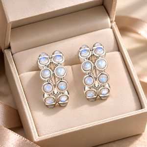 Boucles d'oreilles en argent sterling 925 avec pierre de lune arc-en-ciel – Bijoux demi-cerceau à double rangée de cabochons - Product Image 5