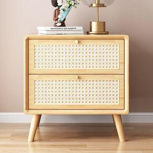 Solid Wood <b>Bedside</b> Table With Wicker Drawers Natural Color Japanese Style Bedroom <b>Storage</b> Cabinet - Product Image 3