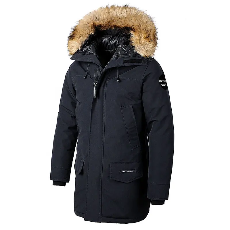 Abrigo de invierno con capucha para hombre, parka de piel falsa de poliéster, a la moda, venta al por mayor