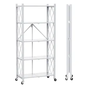 Multi-Layer Collapsible Metal Removable Household Storage Stackable Folding Rack Storage Kitchen Display Rack With Wheels