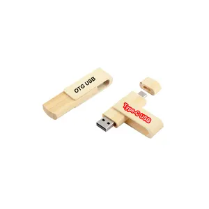 Customized Swivel Wooden 2 in 1 OTG USB flash pen thumb Drive Twister Bamboo Type C memory sticks for smart phone tablet Laptop