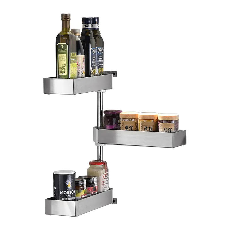 Wall mounted kitchen multi-functional corner shelf 3 tier revolving organizer for spice and seasoning