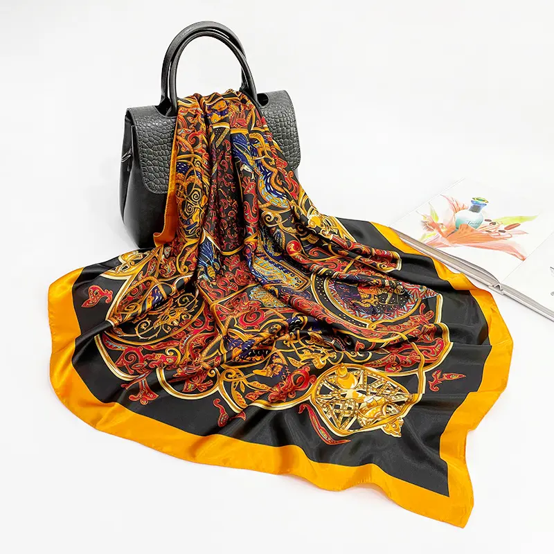 New silk scarf black gold print large shawl 90*90CM