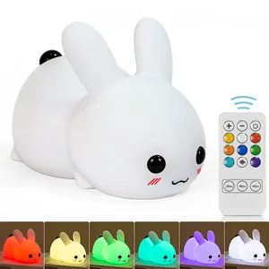 Lámpara de noche de conejo de silicona para bebé, juguete infantil de dibujos animados de siete colores, regalo de cumpleaños