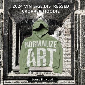 Novedad 2024 Sudadera con capucha corta personalizada, estilo vintage, con lavado ácido, efecto desgastado, bordado de parches y apliques, corte rasgado, dobladillo sin rematar y 100% algodón serigrafiado - Product Image 2