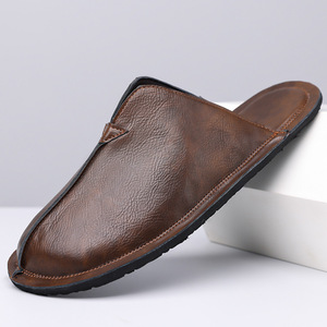 Pantoufles en cuir véritable pour hommes, semelle plate en caoutchouc, confortables, décontractées, pour la maison, taille 38 à 48, marron - Product Image 1