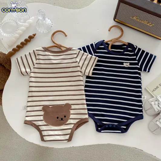 Conyson Ins Baby Katoenen Jumpsuit 2024 Zomer Nieuwe Kinderen Korte Mouwen Gestreepte Cartoon Beer Uit Één Stuk Pyjama Crawl Pak Romper