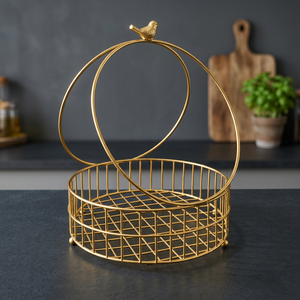 <b>Gold</b> Metal Wire <b>Storage</b> <b>Basket</b> Circle With Bird Handle Elegant Kitchen Organizing <b>Basket</b> - Product Image 1