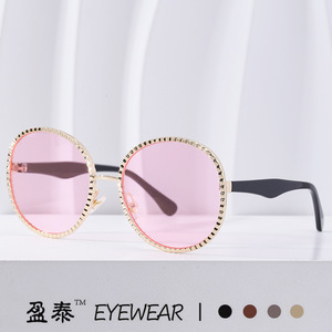 Yingtai Eyewear Women's <b>Round</b> <b>Sunglasses</b> Gold <b>Frame</b> Pink Lens UV400 Protection Fashionable Street Style - Product Image 1