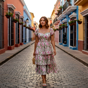 Vestido largo con estampado floral, cuello cuadrado, manga corta, cintura imperio, dobladillo con volantes, estilo bohemio, para uso diario de mujer - Product Image 1
