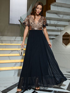 Contraste Lantejoula Puff Sleeve Patchwork Chiffon Vestido Formal Elegante V Neck <span class=keywords><strong>Prom</strong></span> Maxi A-Forrado Vestidos de Noite para Festa de Graduação - Product Image 2