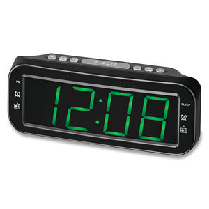 Radio Reloj Despertador Digital LED Verde Tradicional para Negocios con Doble Alarma, Función de Repetición, Visualización de la Hora y Mesa de Tiempos, Radio FM y Carga - Product Image 1