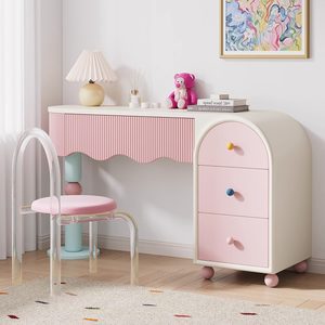 Pastel Pink Makeup <strong>Vanity</strong> Desk With 3 Drawers, Wavy Edge Dressing <strong>Table</strong> for <strong>Girls</strong> Bedroom - Product Image 2