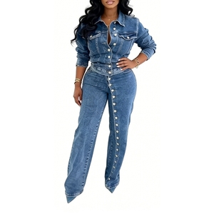 Ensemble 2 pièces en jean pour femme - Chemise boutonnée et <span class=keywords><strong>pantalon</strong></span> large coordonné Sehe Fashion - Product Image 3
