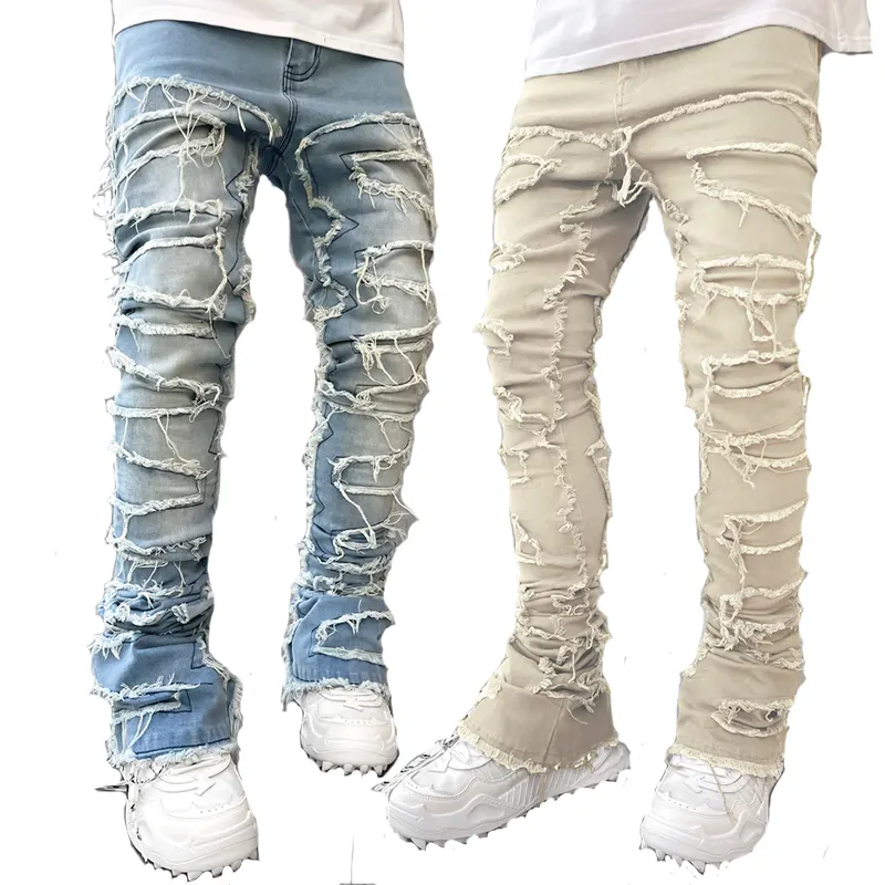 Popular Custom Men Stack Stacked Ripped Flared Denim Cargo Jeans Pants Male Distressed Skinny Stacked Jeans