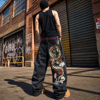 Jean baggy à jambe large pour homme, style Y2K streetwear, coupe droite, en denim noir, coupe-vent, broderie dragon doré, hip hop grunge