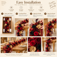 Taplak Meja Sutra Buatan Tangan Motif Bunga Merah Emas Mawar Dahlia Calla Lily Garland Vintage Dekorasi Pernikahan Prancis