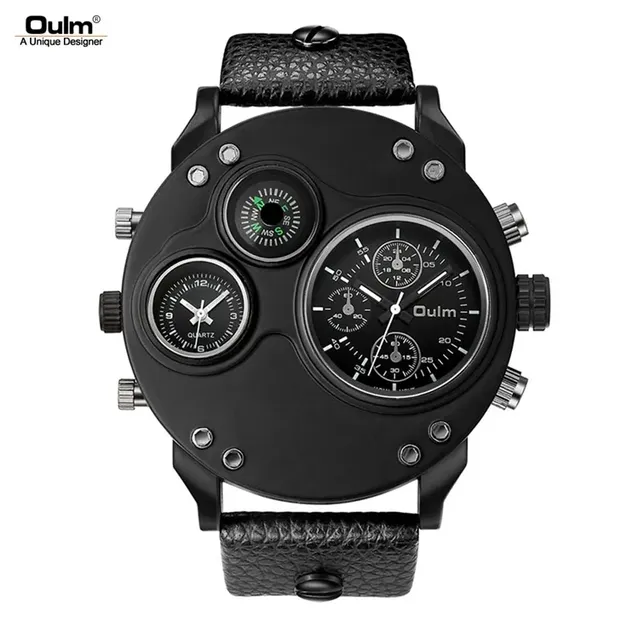OULM 3741 Mens Unique Quartz Brand Wrist Watch Original Movement Big Dial Leather Strap Compass Quartz Watches for Man